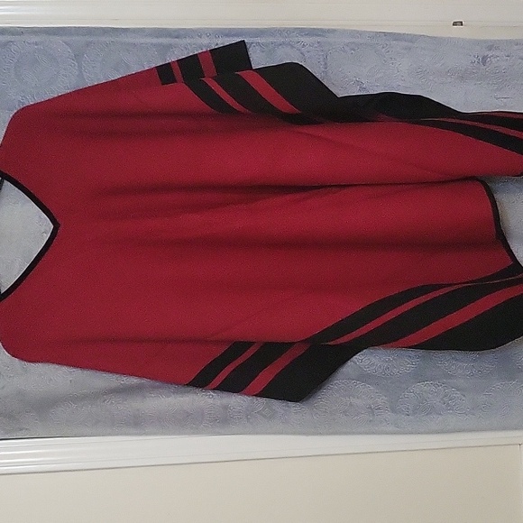 Chico's Stripe Border Ruana Covering Red Allure Pauncho - Picture 5 of 11